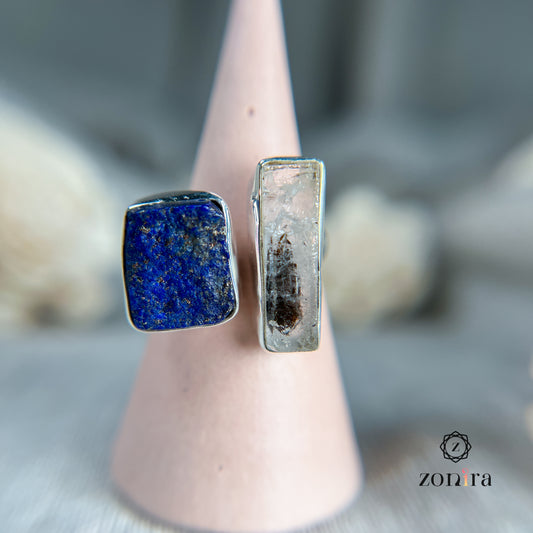 Liba Silver Ring - Raw Herkimer Diamond & Lapis Lazuli
