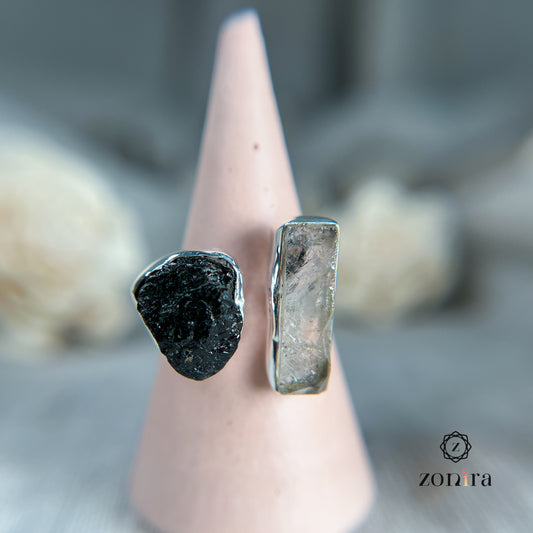 Liba Silver Ring - Raw Black Tourmaline & Herkimer Diamond
