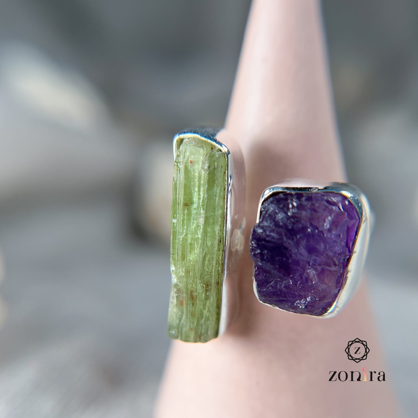 Liba Silver Ring - Raw Amethyst & Green Kyanite