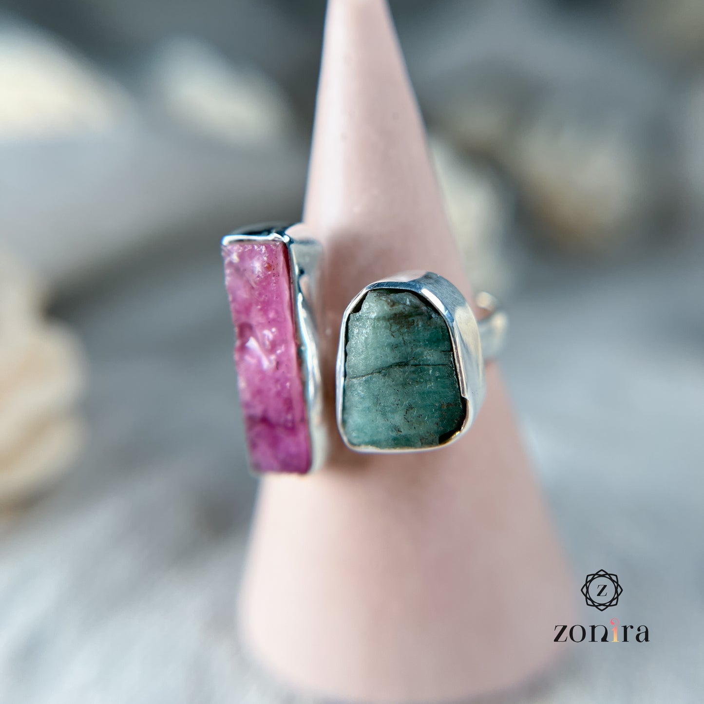 Liba Silver Ring - Raw Emerald & Ruby