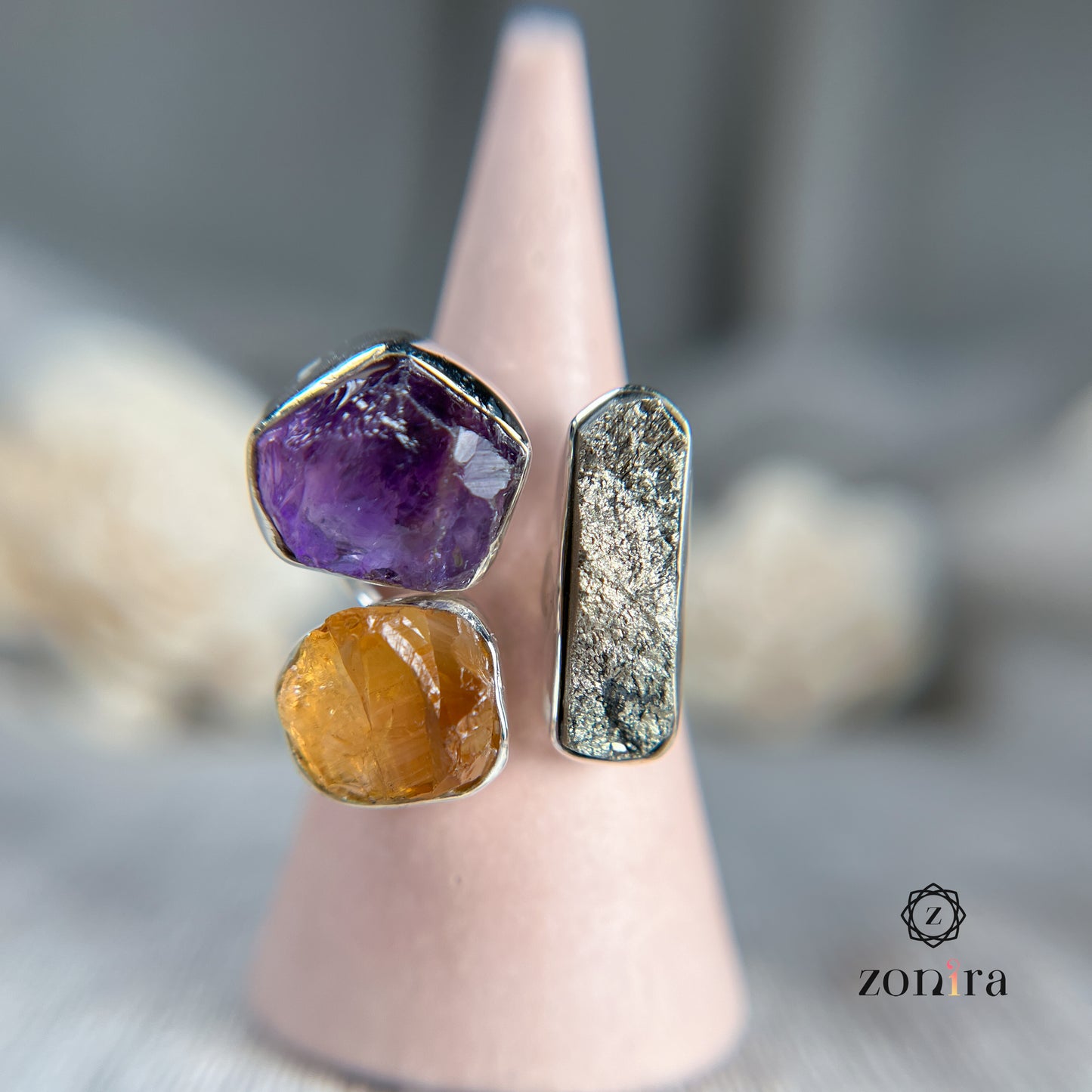 Aadya Silver Ring - Raw Amethyst, Citrine, Pyrite