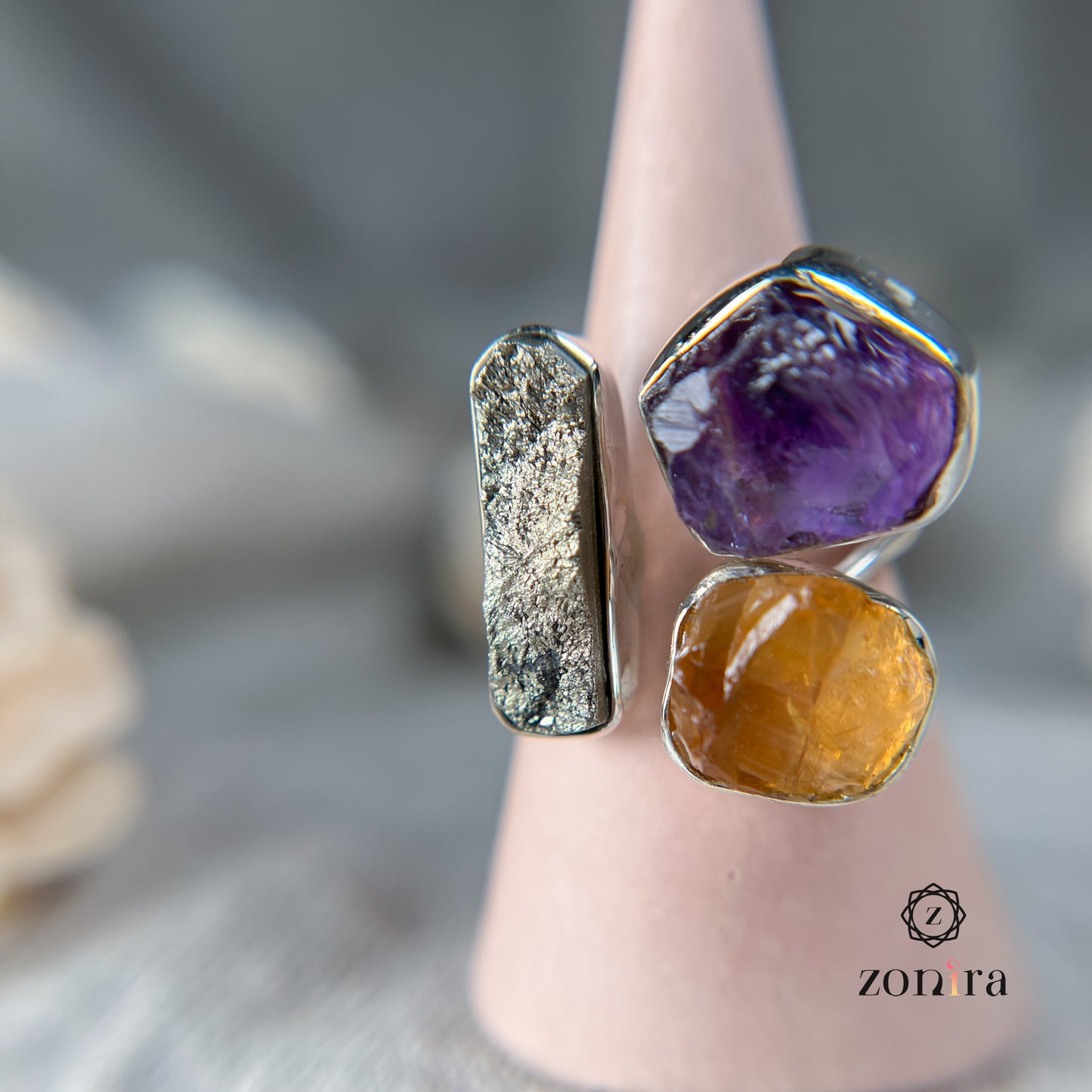 Aadya Silver Ring - Raw Amethyst, Citrine, Pyrite