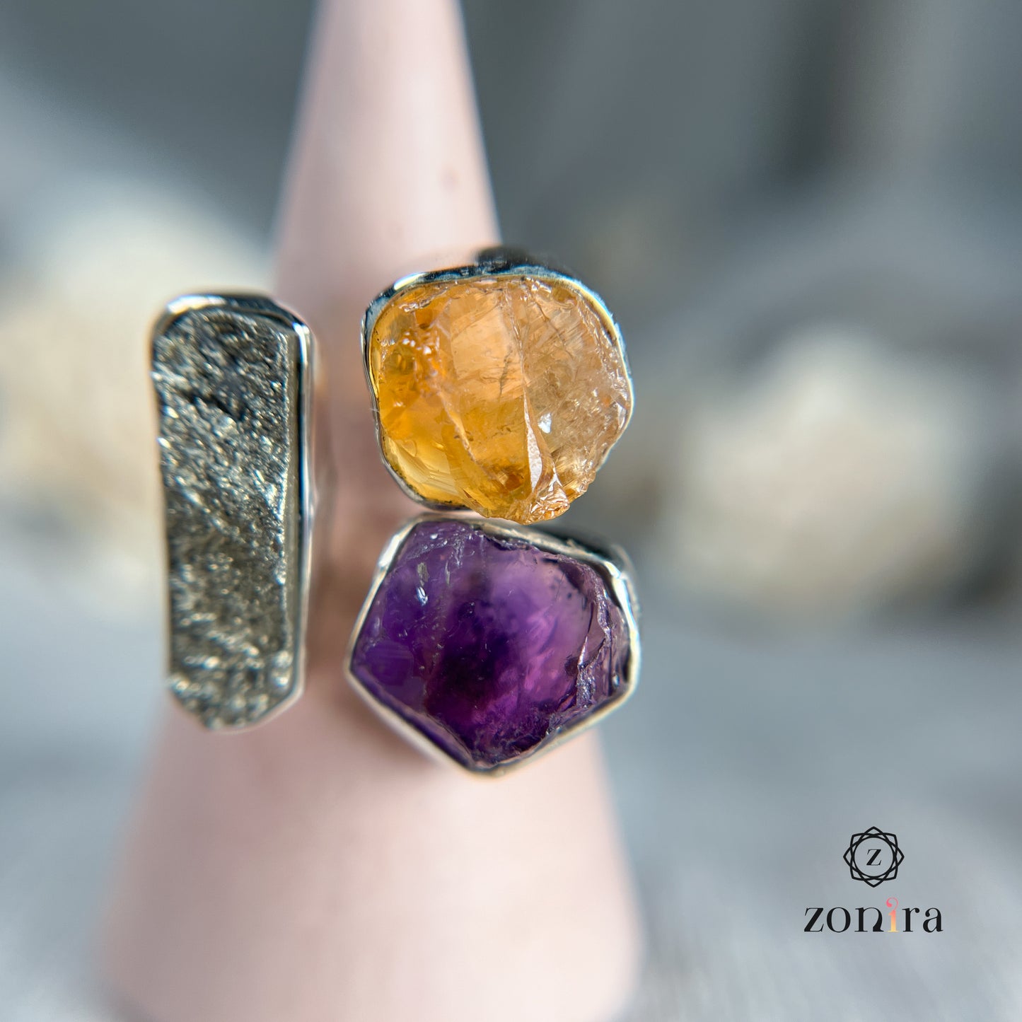 Aadya Silver Ring - Raw Amethyst, Citrine, Pyrite