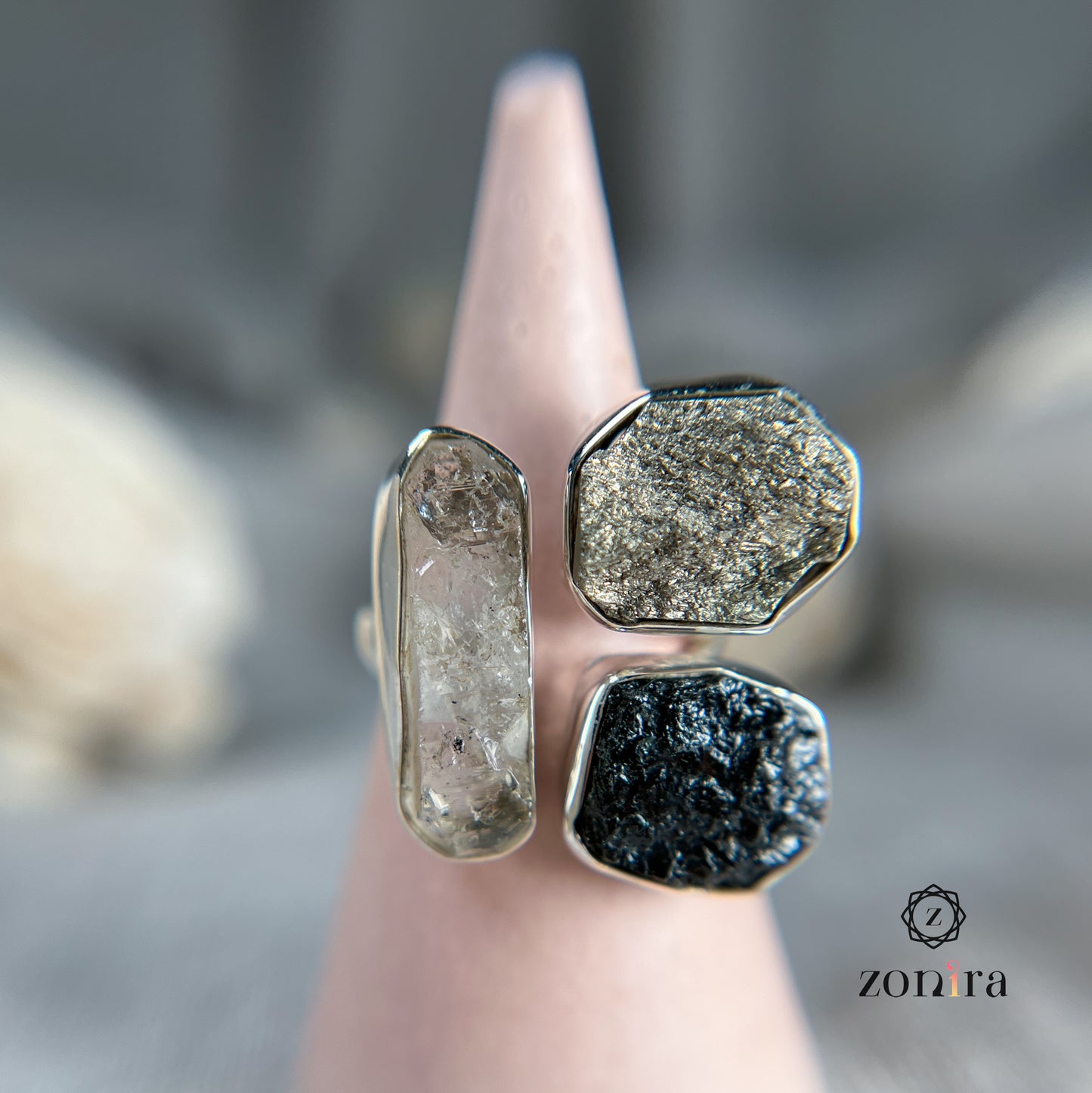 Aadya Silver Ring - Raw Black Tourmaline, Herkimer Diamond, Pyrite