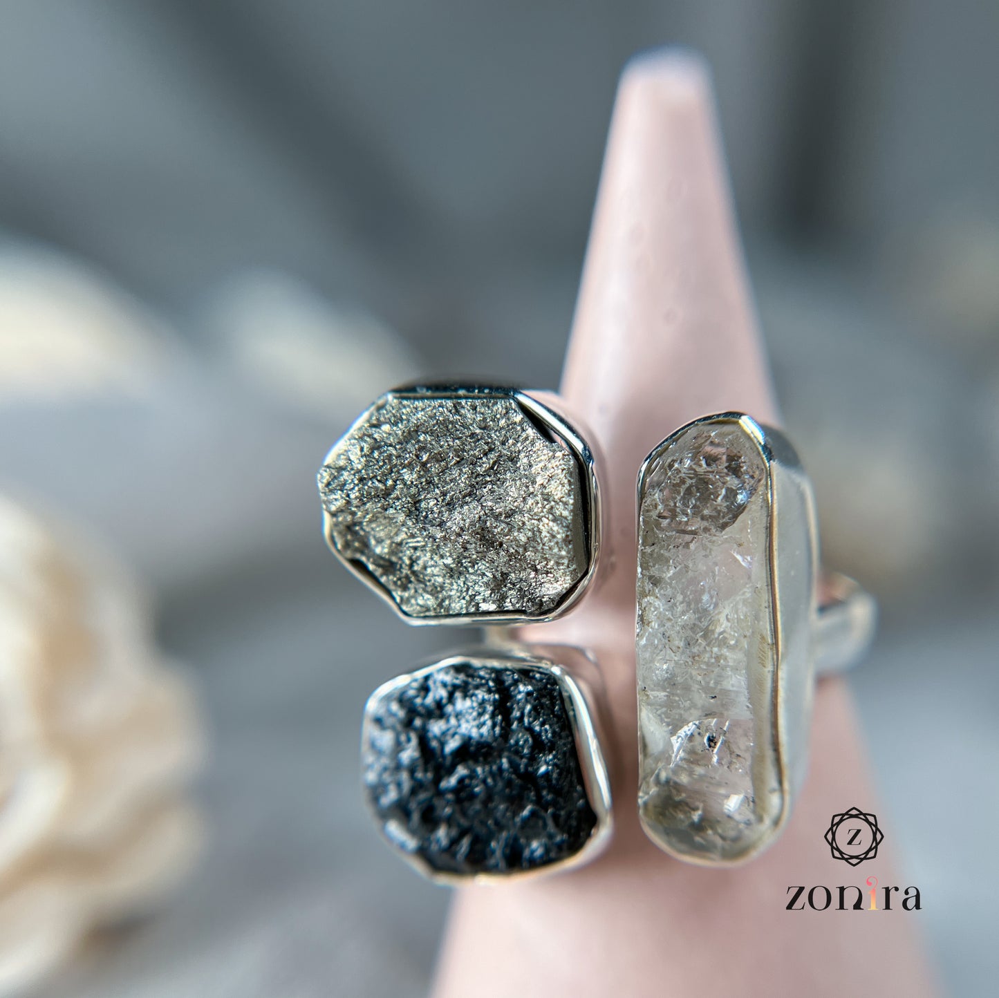 Aadya Silver Ring - Raw Black Tourmaline, Herkimer Diamond, Pyrite