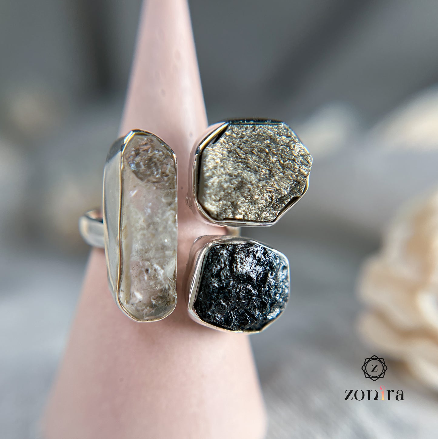 Aadya Silver Ring - Raw Black Tourmaline, Herkimer Diamond, Pyrite