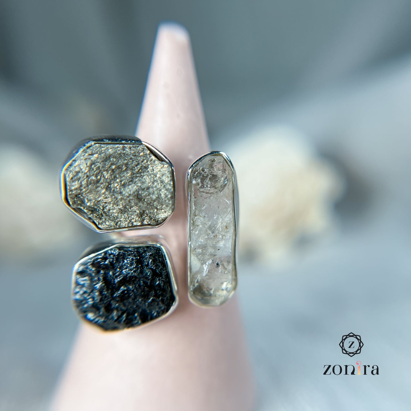 Aadya Silver Ring - Raw Black Tourmaline, Herkimer Diamond, Pyrite