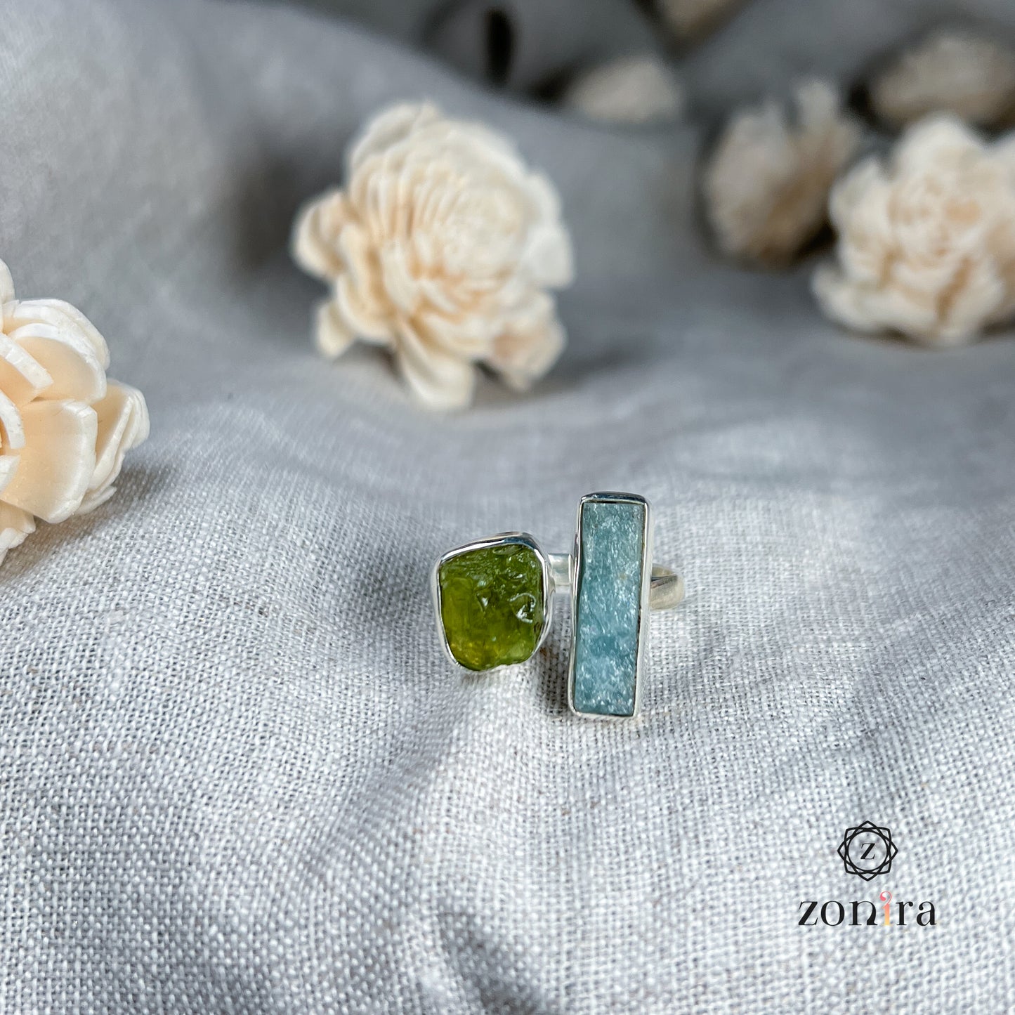 Liba Silver Ring - Raw Aquamarine & Peridot