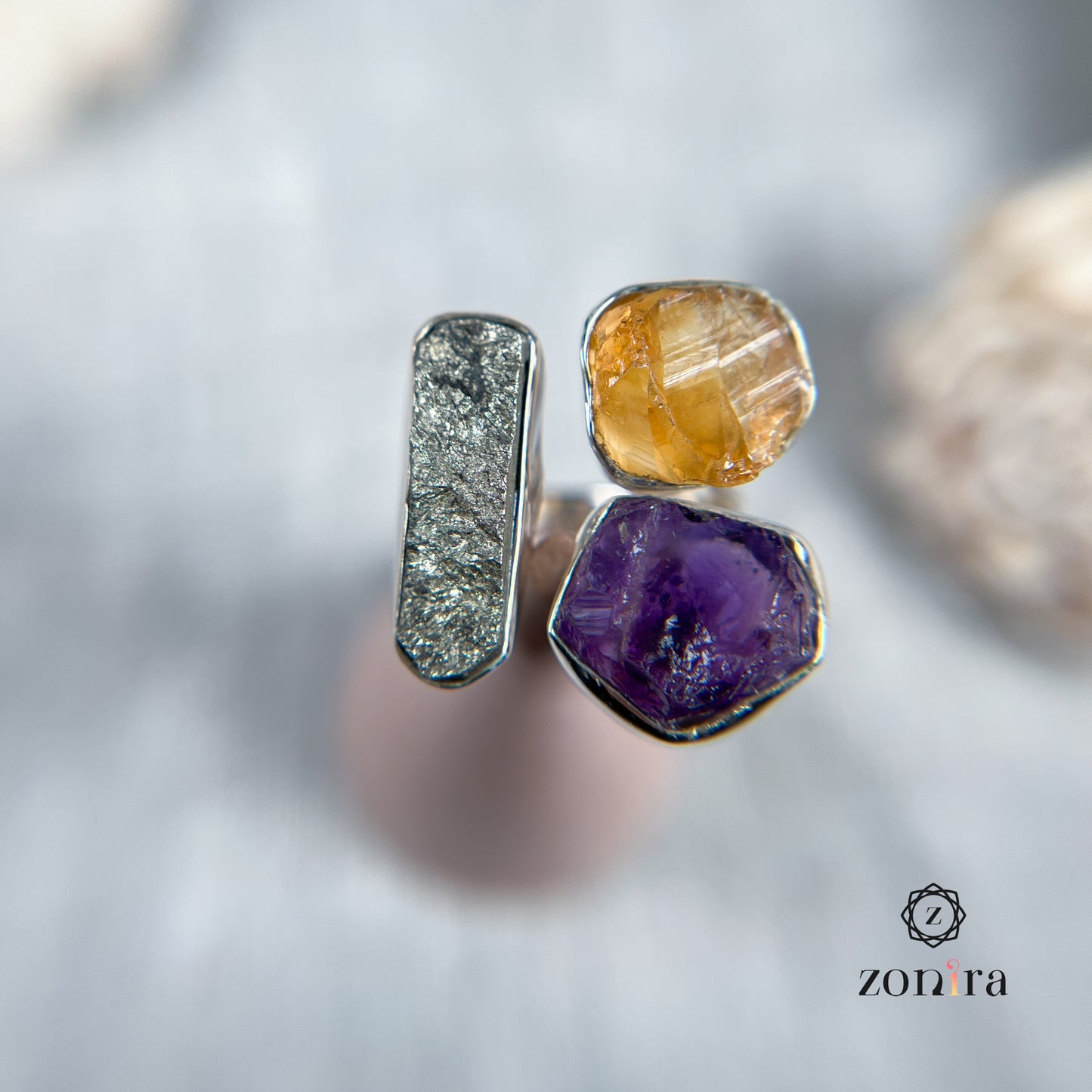 Aadya Silver Ring - Raw Amethyst, Citrine, Pyrite