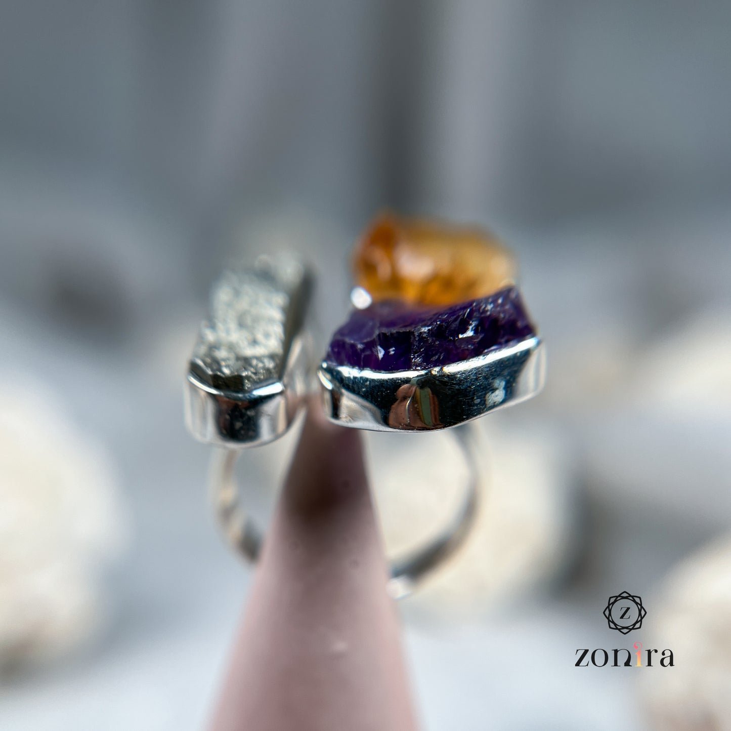 Aadya Silver Ring - Raw Amethyst, Citrine, Pyrite