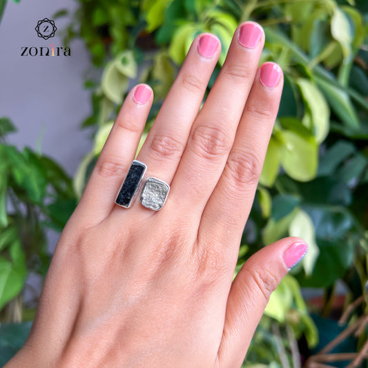 Liba Silver Ring - Raw Black Tourmaline & Pyrite