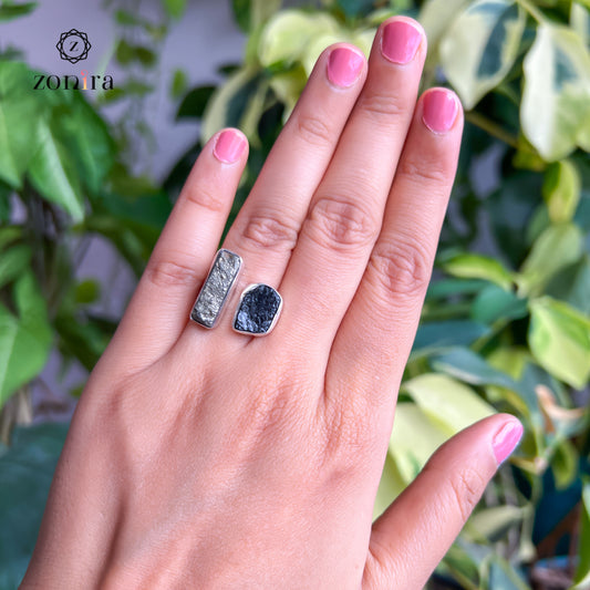 Liba Silver Ring - Raw Black Tourmaline & Pyrite