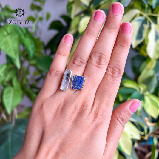 Liba Silver Ring - Raw Herkimer Diamond & Lapis Lazuli