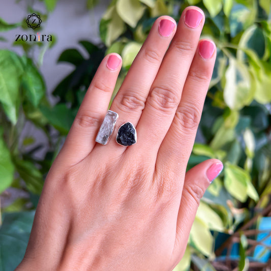 Liba Silver Ring - Raw Black Tourmaline & Herkimer Diamond