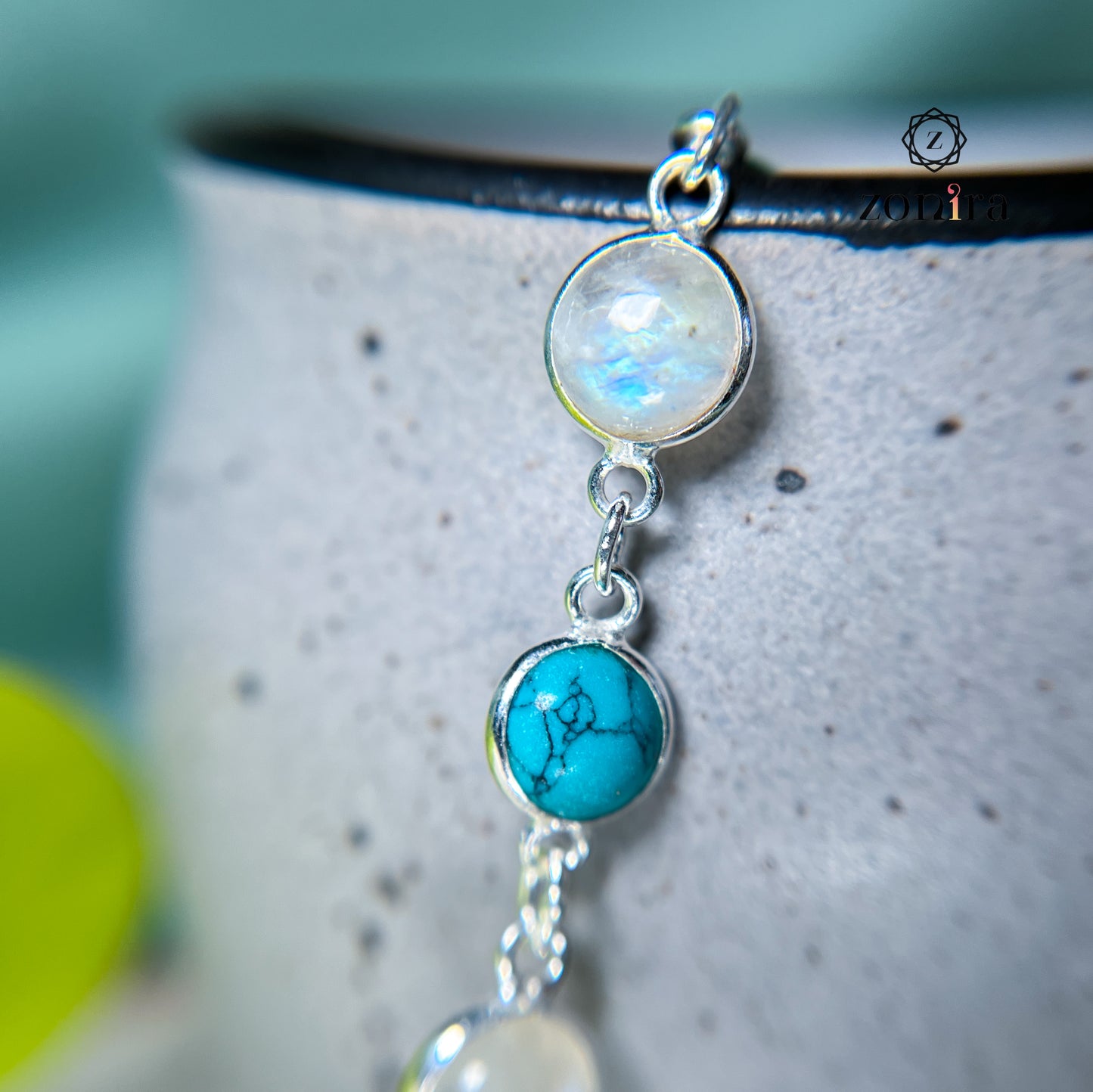 Angrai Silver Bracelet - Rainbow Moonstone & Turquoise