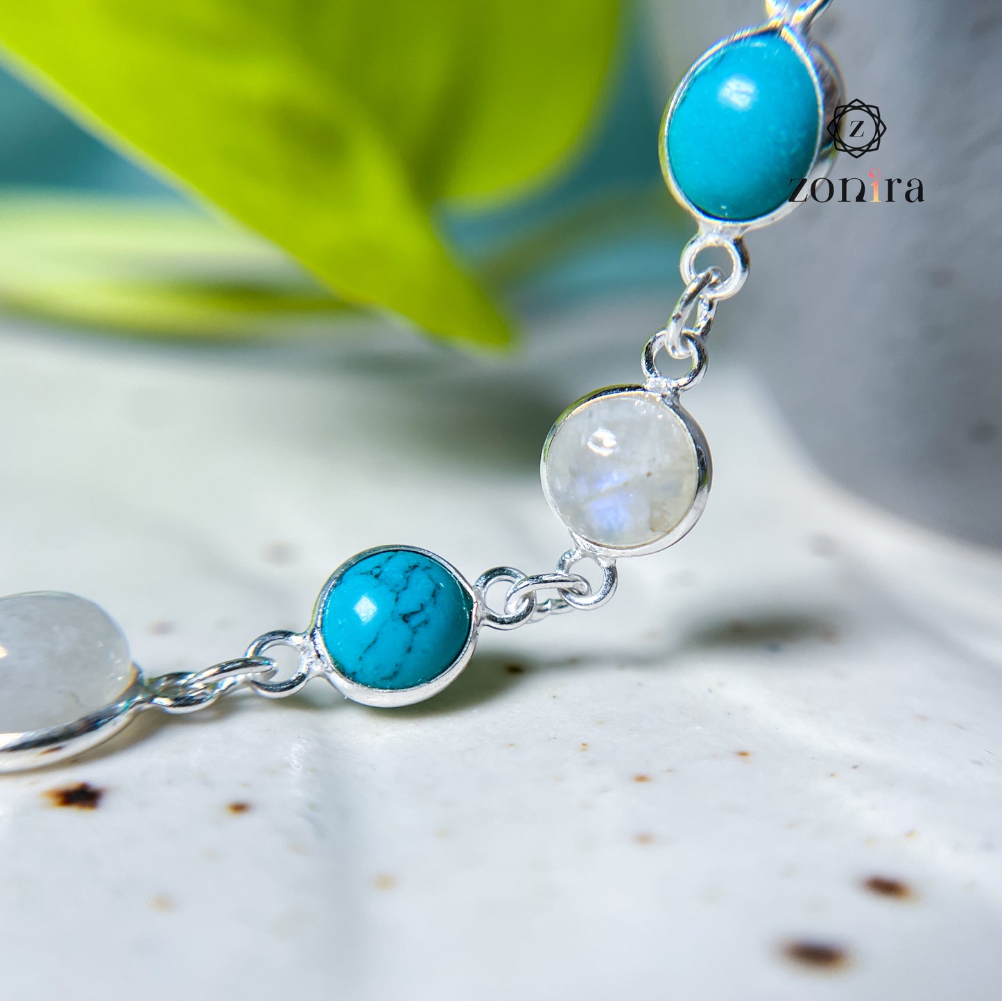 Angrai Silver Bracelet - Rainbow Moonstone & Turquoise