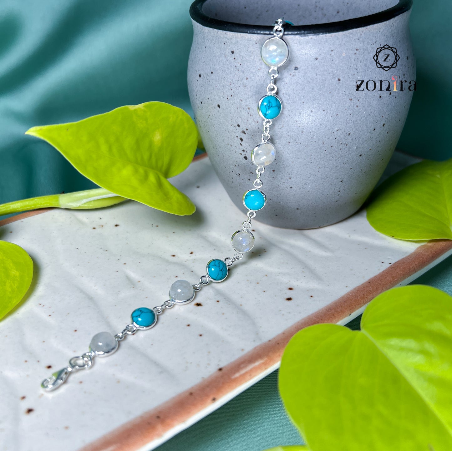 Angrai Silver Bracelet - Rainbow Moonstone & Turquoise