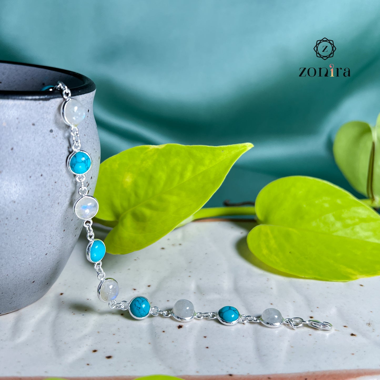 Angrai Silver Bracelet - Rainbow Moonstone & Turquoise