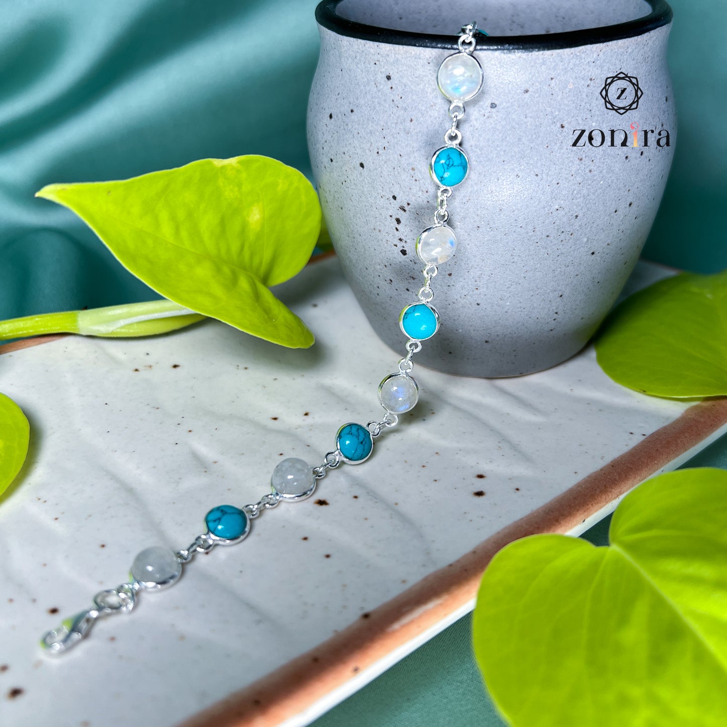 Angrai Silver Bracelet - Rainbow Moonstone & Turquoise