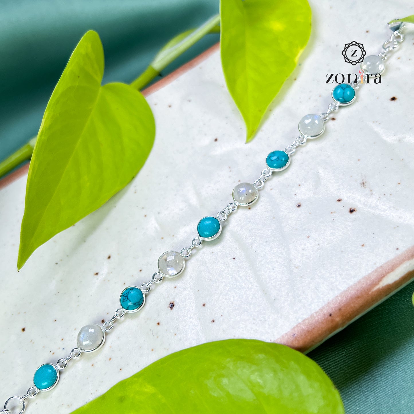 Angrai Silver Bracelet - Rainbow Moonstone & Turquoise