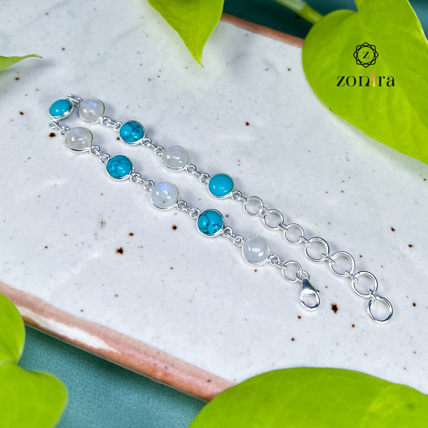 Angrai Silver Bracelet - Rainbow Moonstone & Turquoise