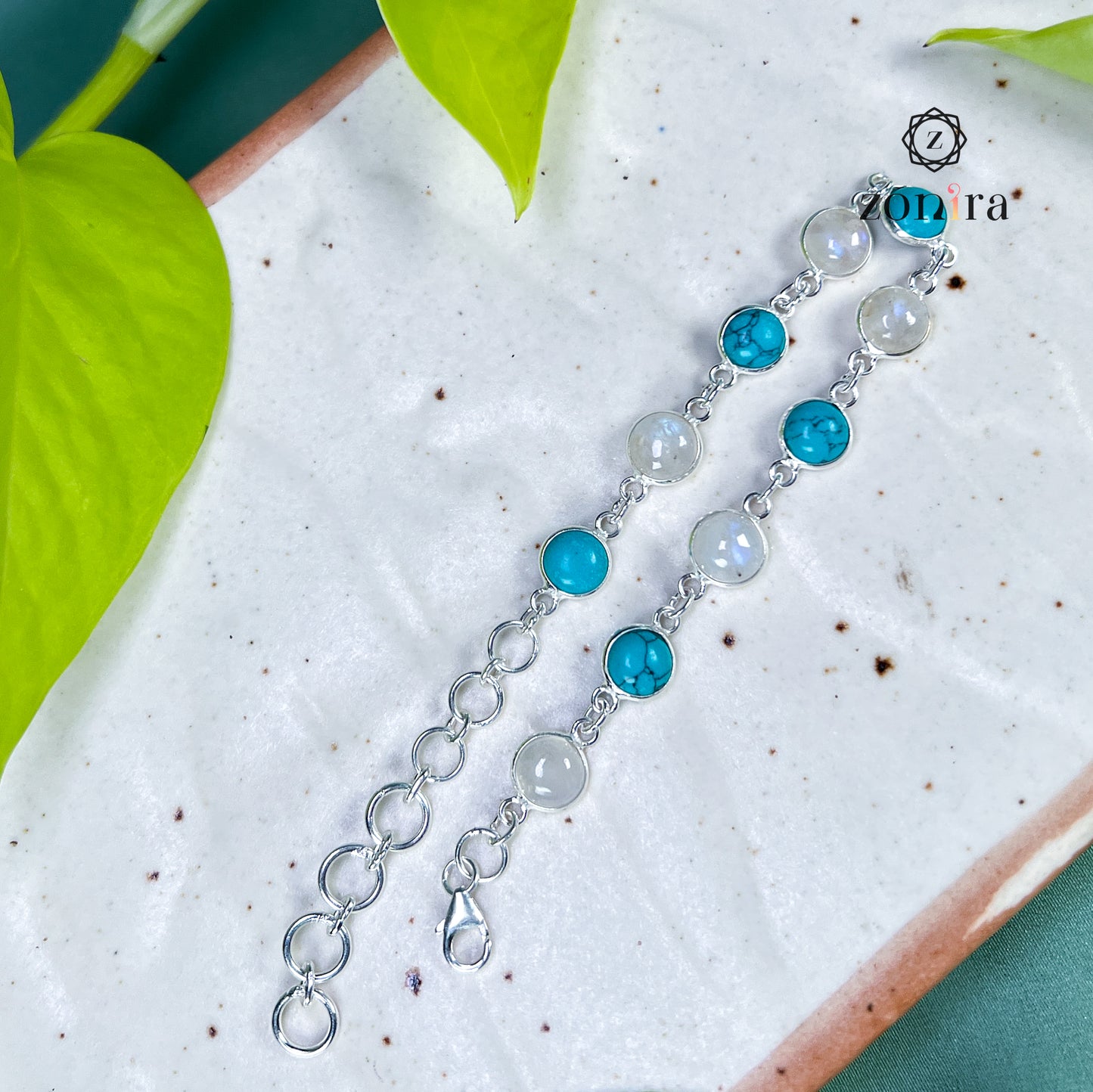 Angrai Silver Bracelet - Rainbow Moonstone & Turquoise