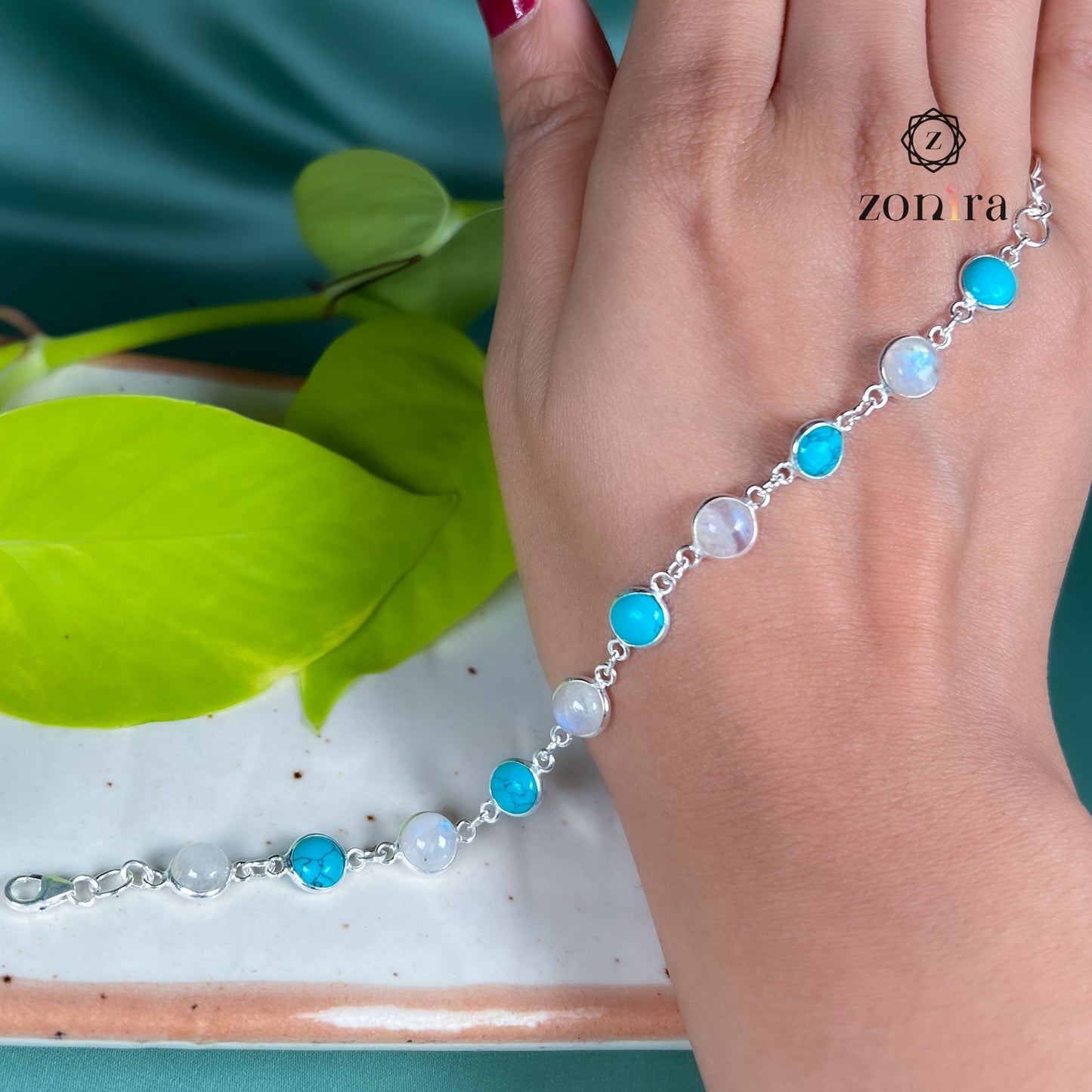 Angrai Silver Bracelet - Rainbow Moonstone & Turquoise