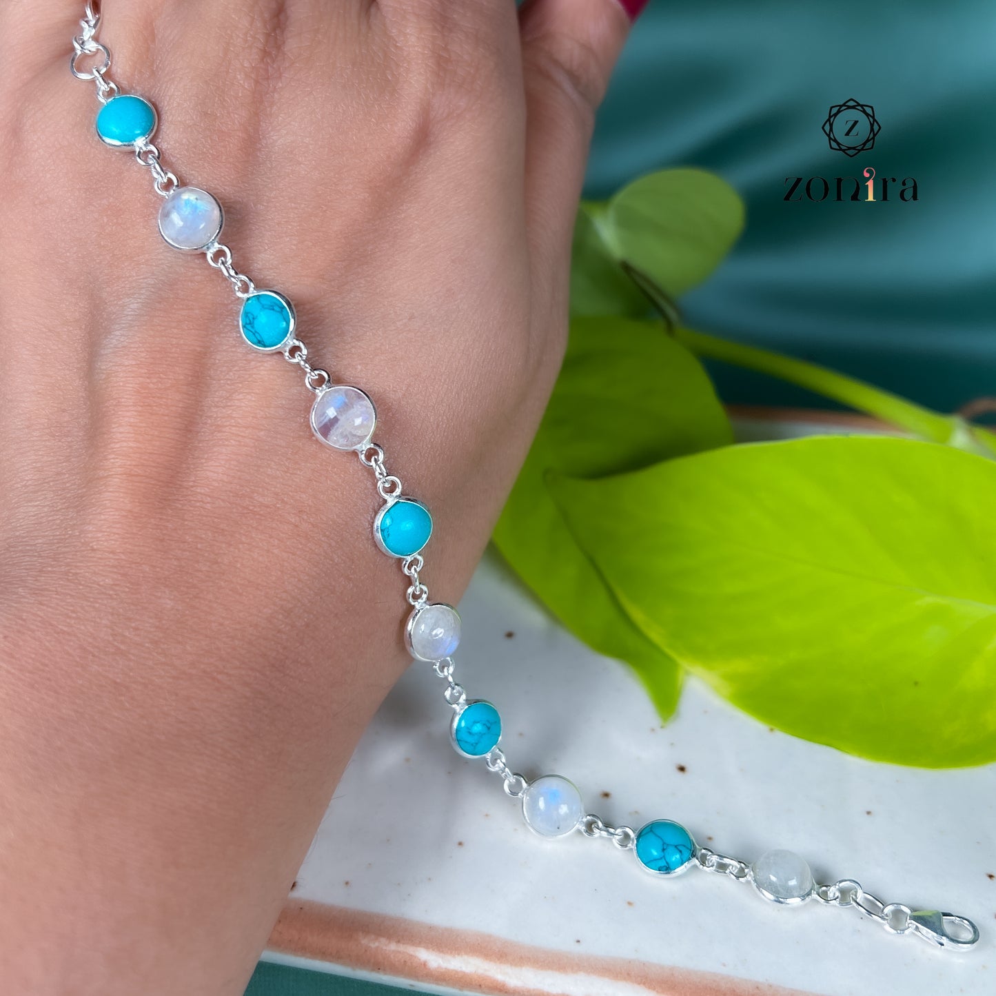 Angrai Silver Bracelet - Rainbow Moonstone & Turquoise