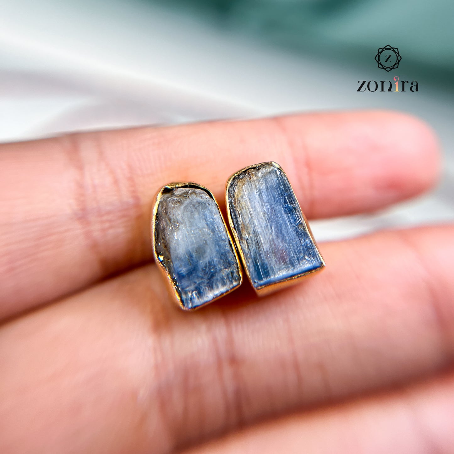 Aabis Silver Studs - Raw Blue Kyanite Gold