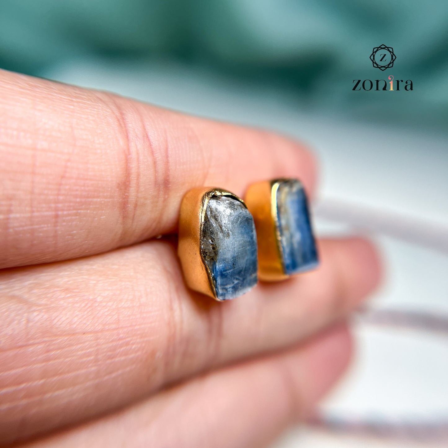 Aabis Silver Studs - Raw Blue Kyanite Gold