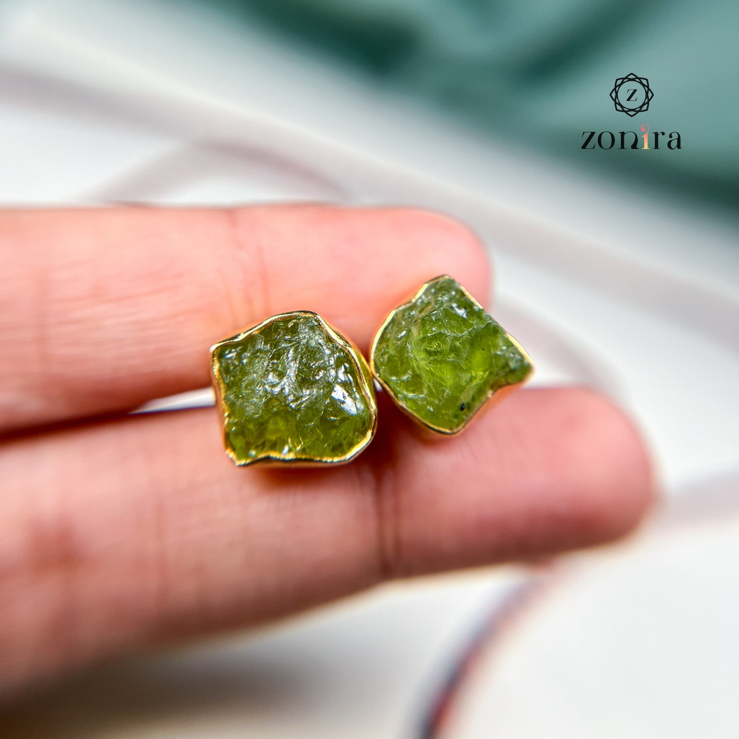 Aabis Silver Studs - Raw Peridot Gold