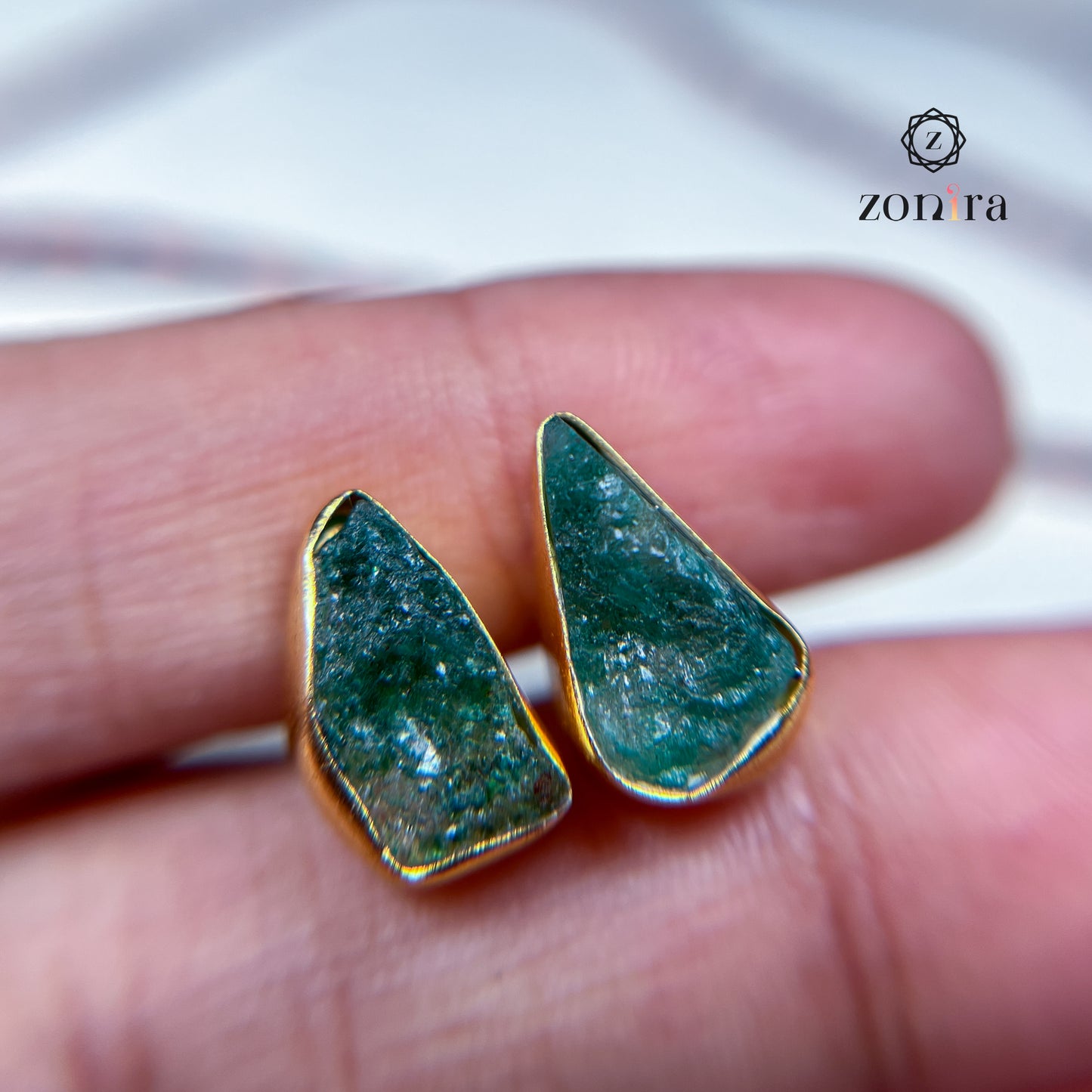 Aabis Silver Studs - Raw Green Aventurine Gold