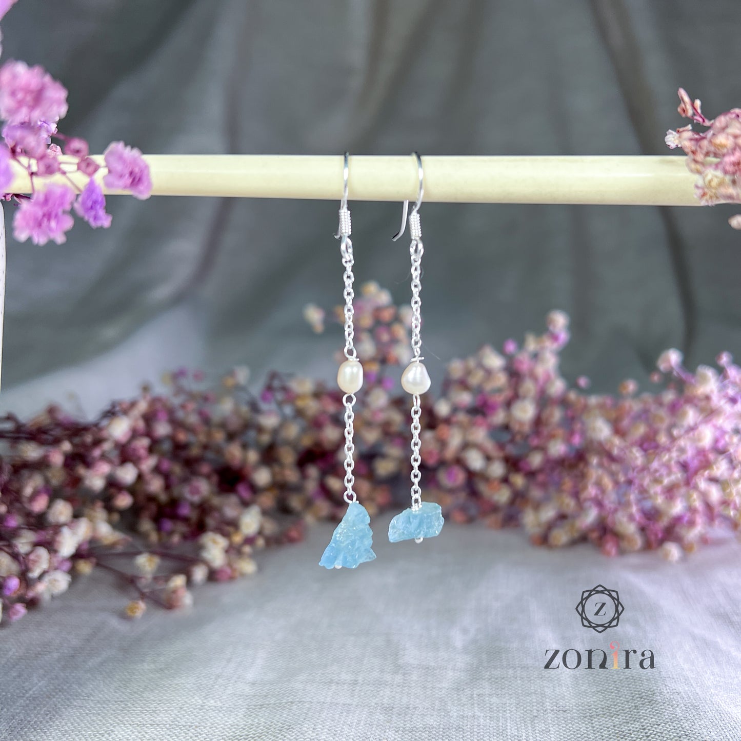 Gul Silver Danglers - Raw Aquamarine & Pearl