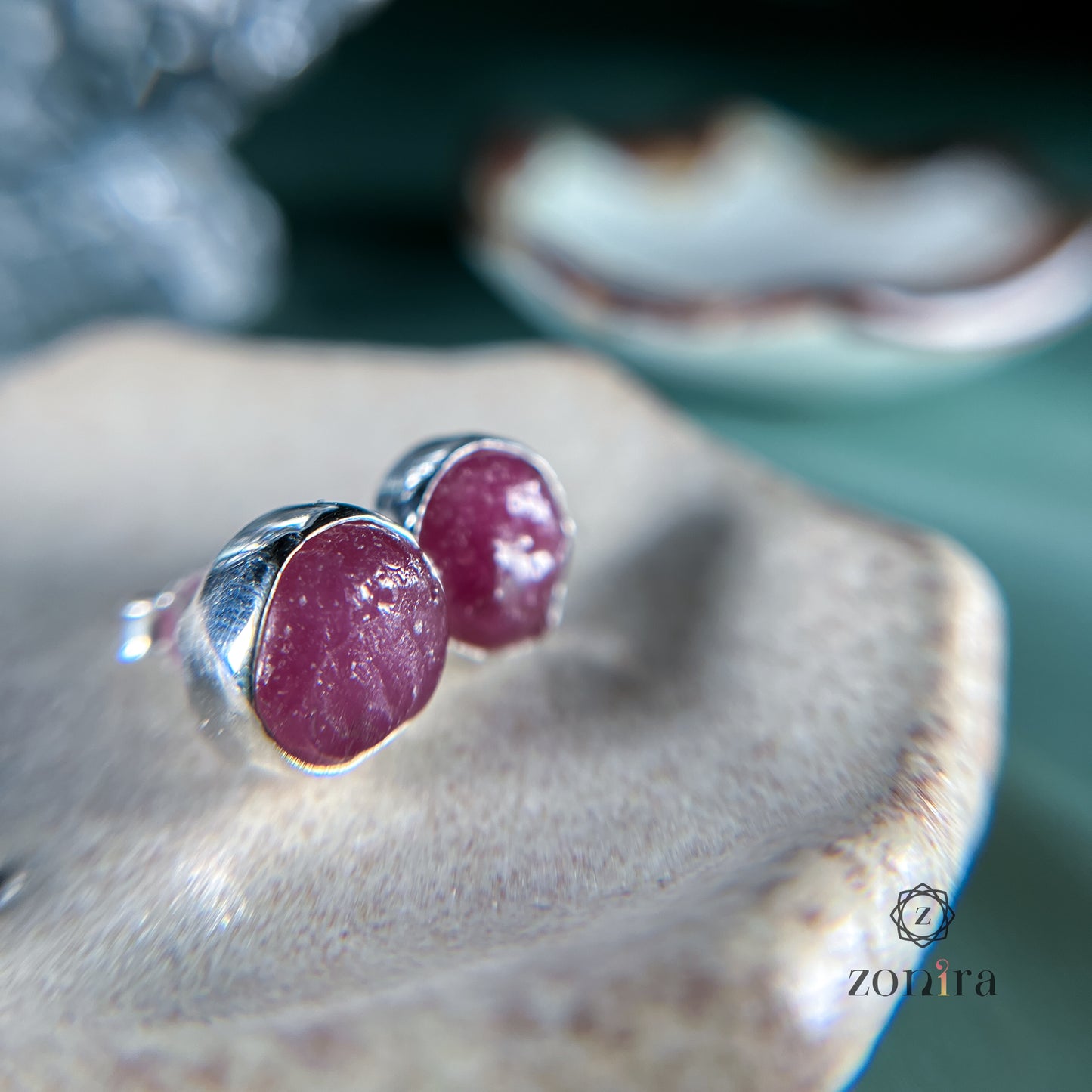 Aabis Silver Studs - Raw Ruby