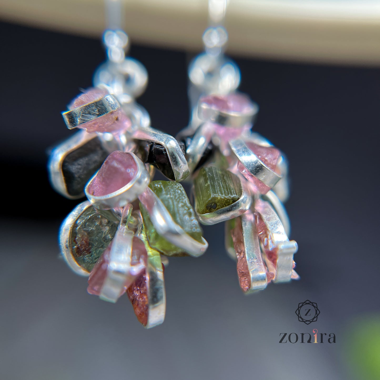 Angoori Silver Danglers - Raw Mixed Tourmaline