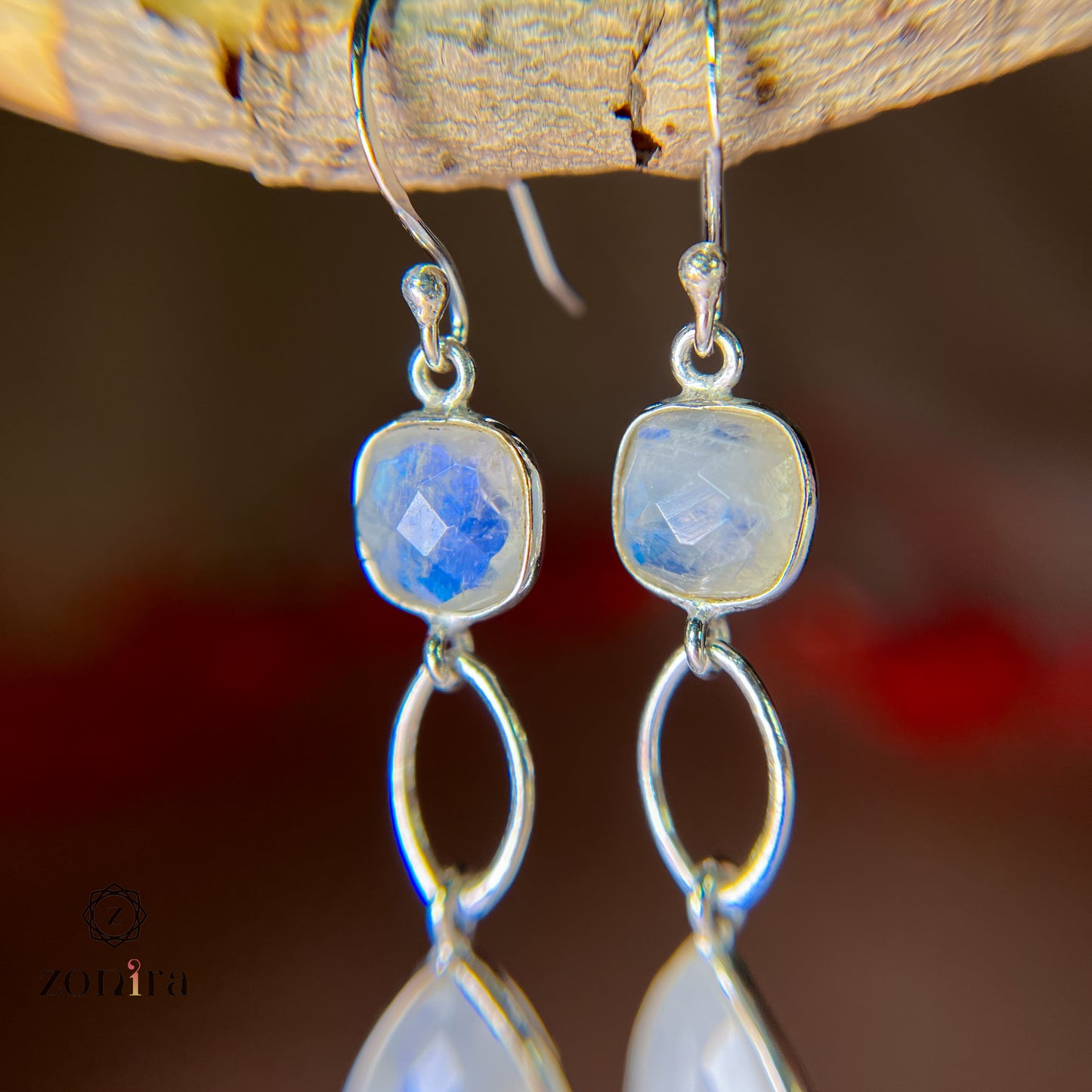 Alaya Silver Danglers - Rainbow Moonstone