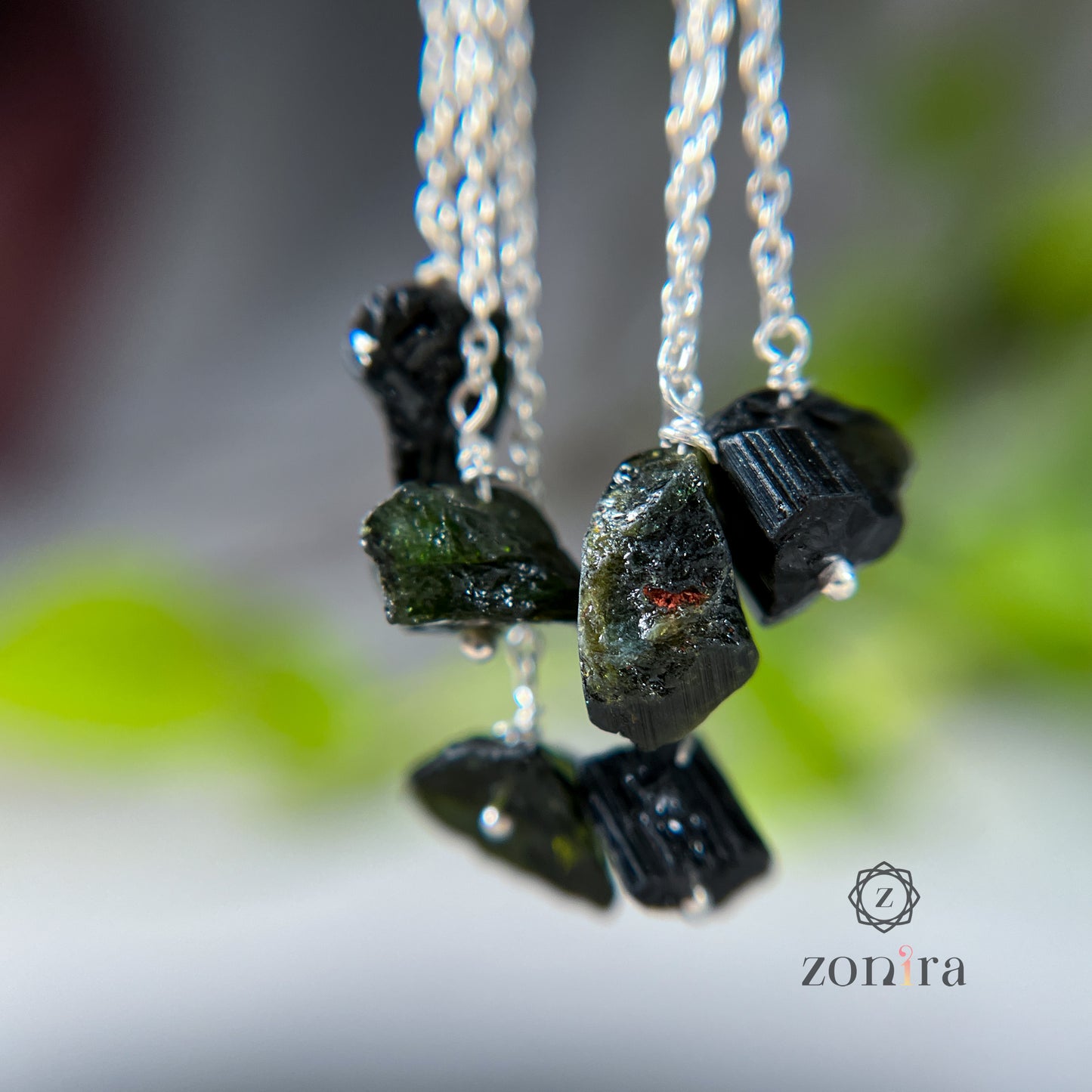 Gulshan Silver Danglers - Raw Black & Green Tourmaline