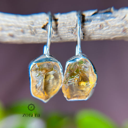 Eka Silver Earrings - Raw Citrine