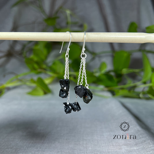 Gulshan Silver Danglers - Raw Black & Green Tourmaline