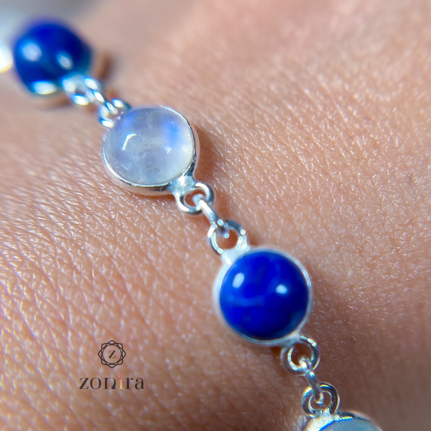 Angrai Silver Bracelet - Lapis Lazuli & Rainbow Moonstone