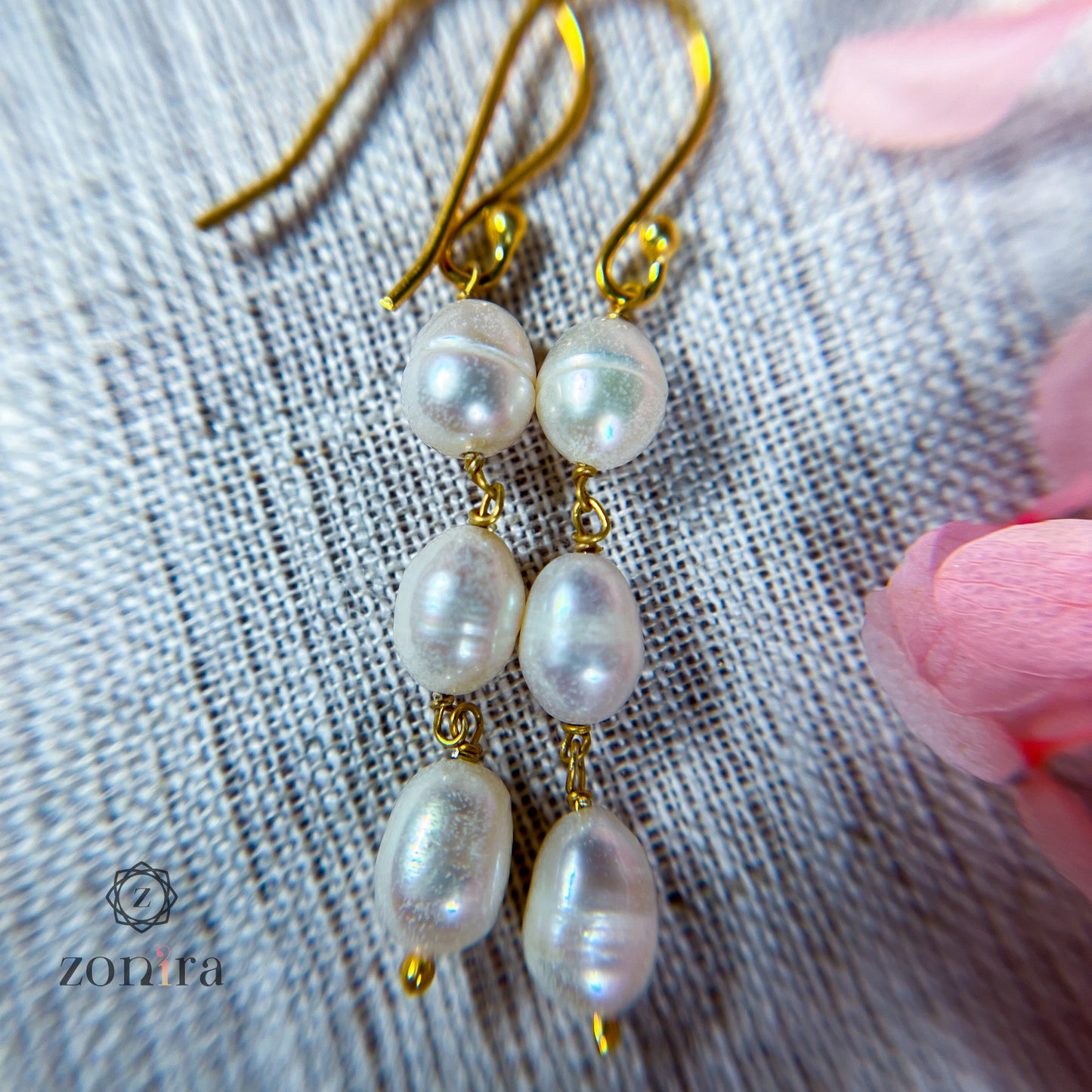 Eva Silver Danglers - Ringed Pearls Gold