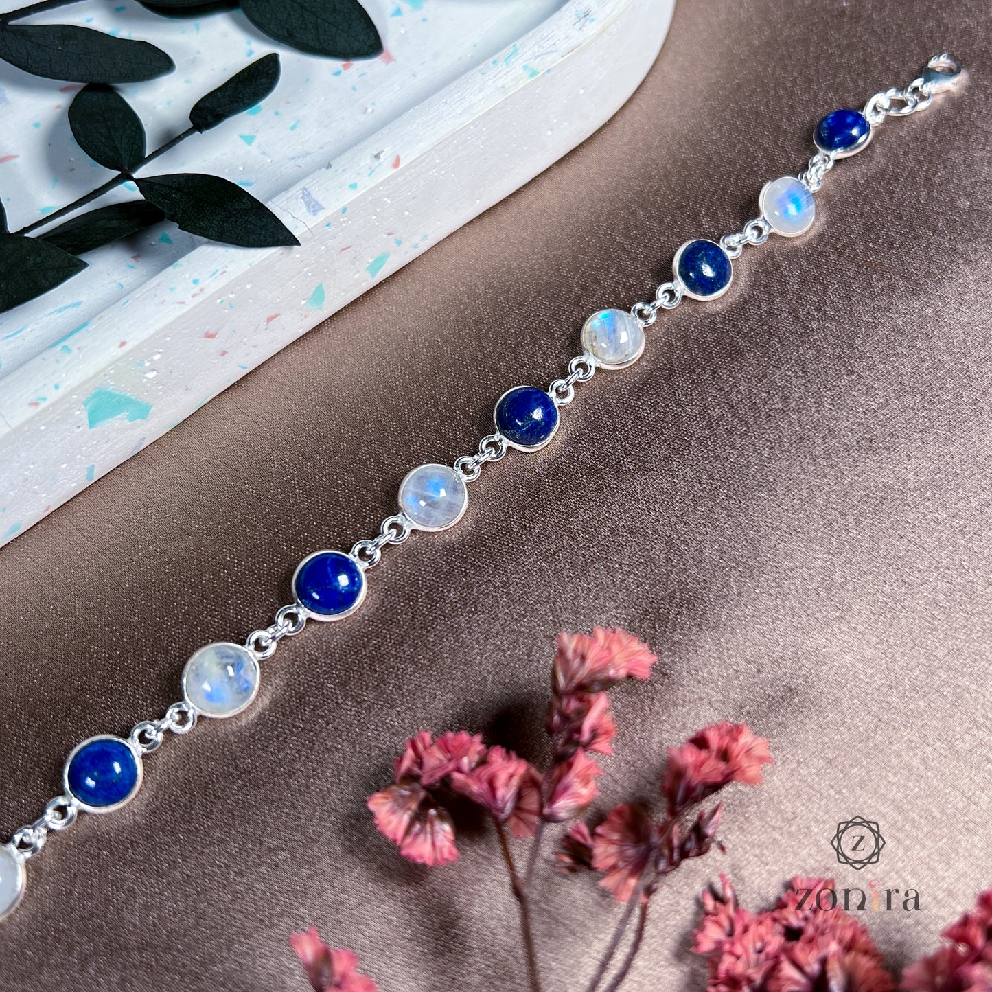 Angrai Silver Bracelet - Lapis Lazuli & Rainbow Moonstone