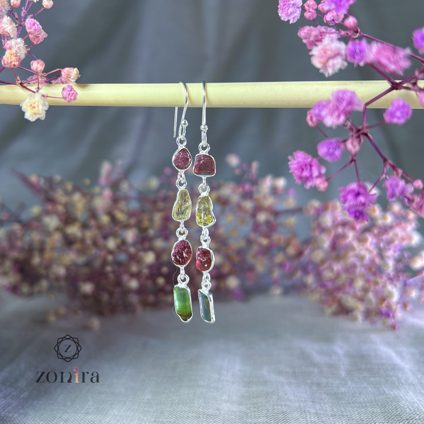 Eva Silver Danglers - Raw Tourmaline (Mixed) 3