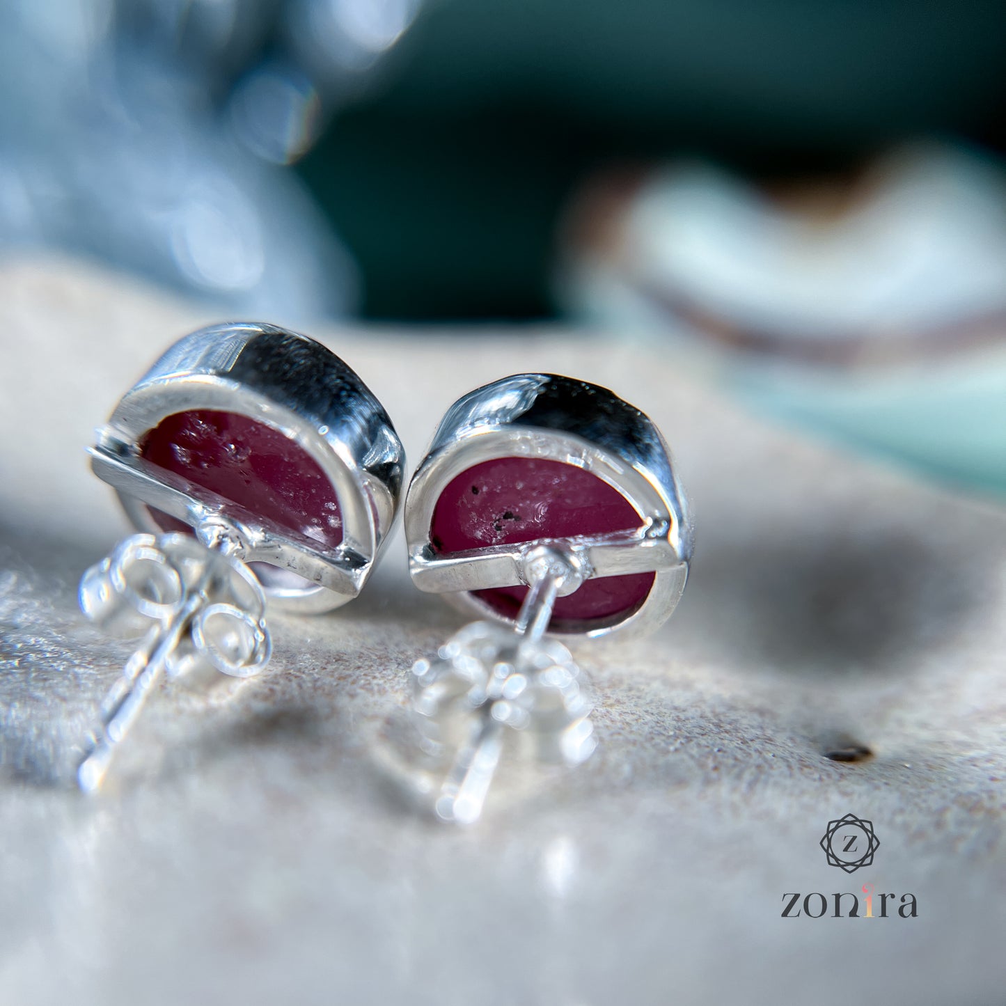 Aabis Silver Studs - Raw Ruby