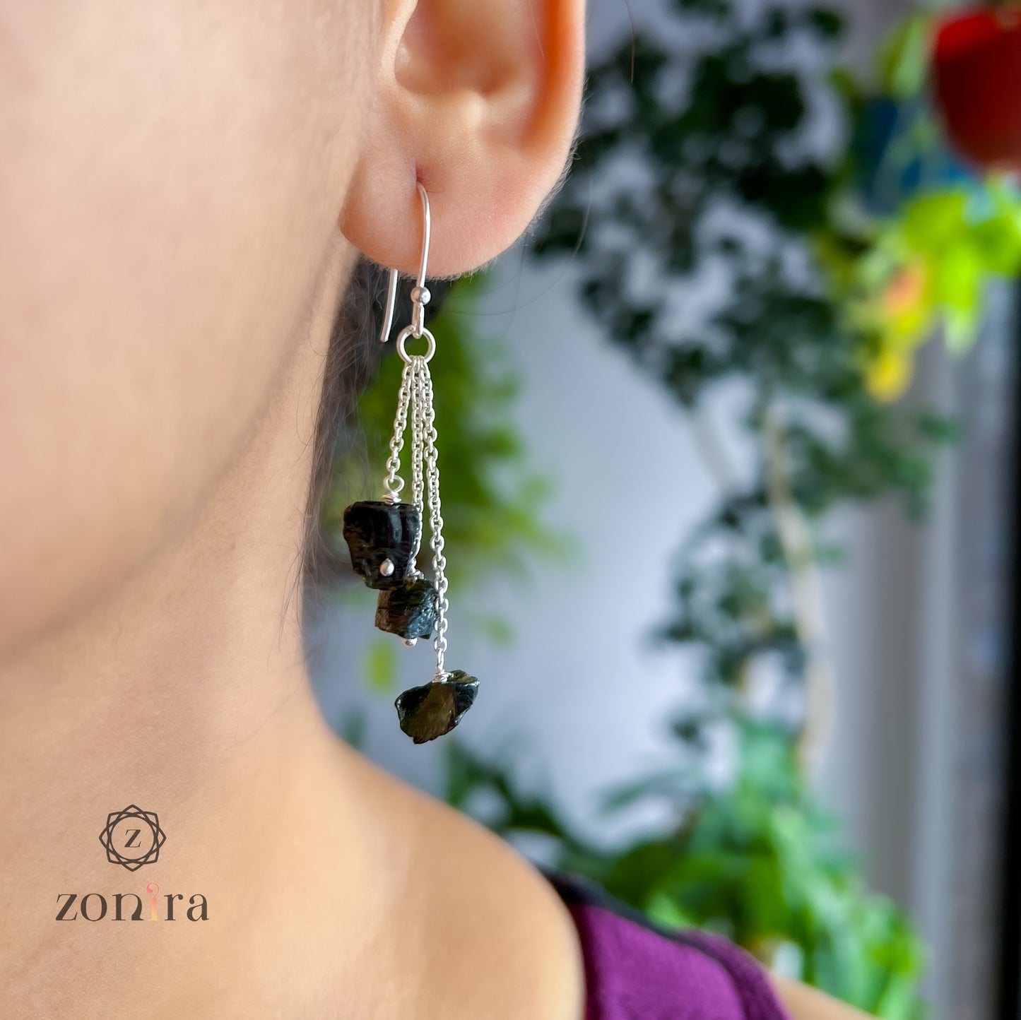 Gulshan Silver Danglers - Raw Black & Green Tourmaline