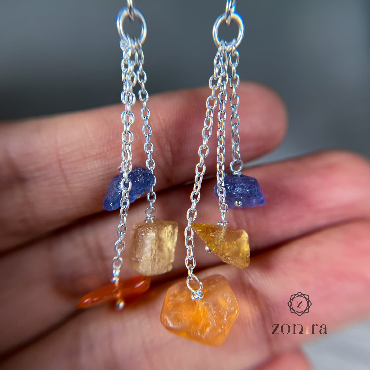 Gulshan Silver Danglers - Raw Amber, Citrine, Tanzanite