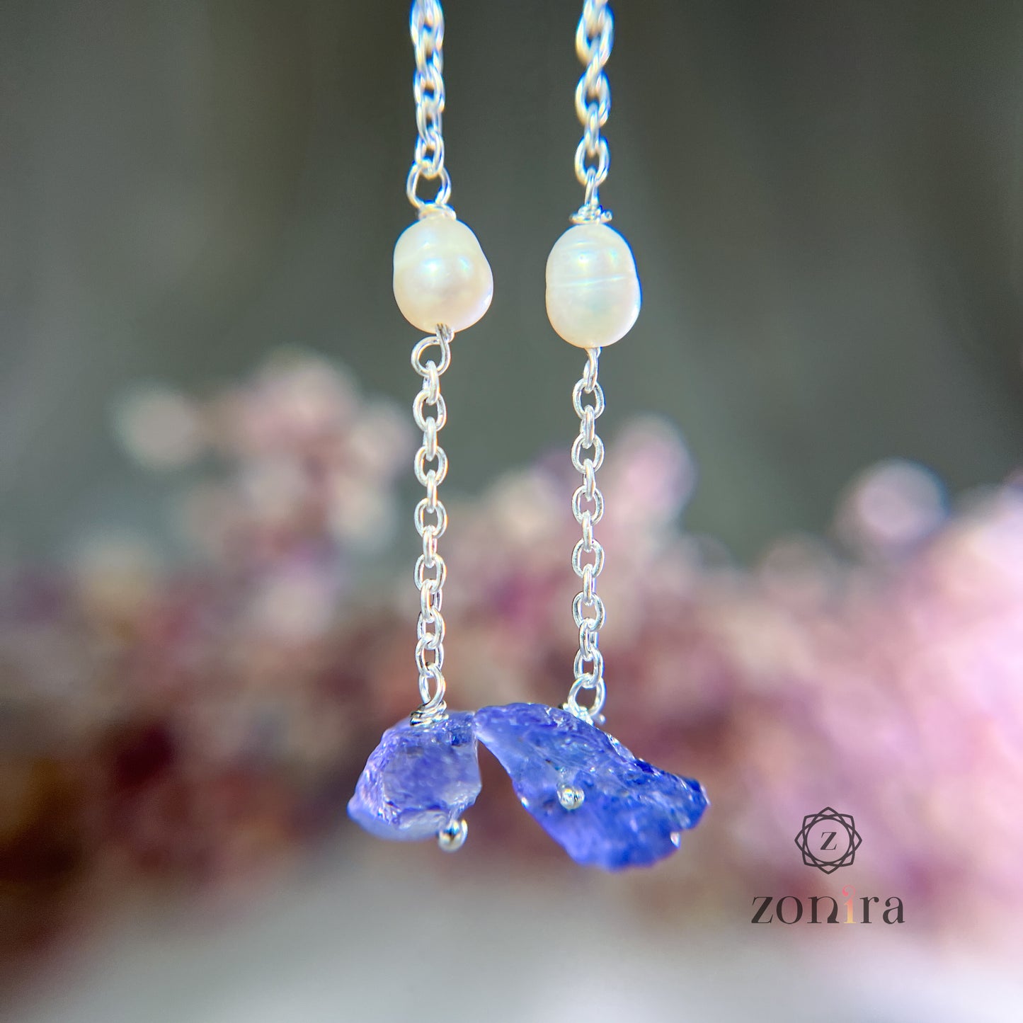 Gul Silver Danglers - Raw Tanzanite & Pearl