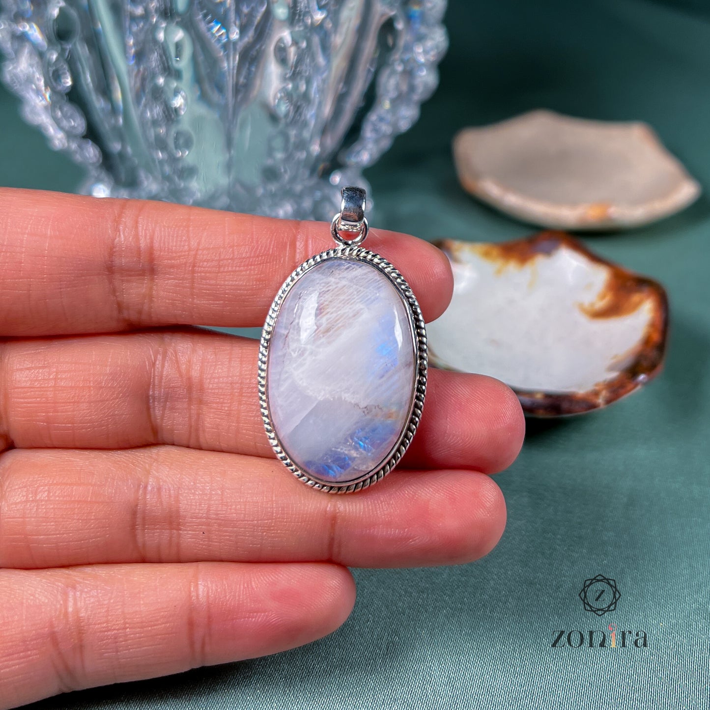 Mila Silver Pendant - Rainbow Moonstone