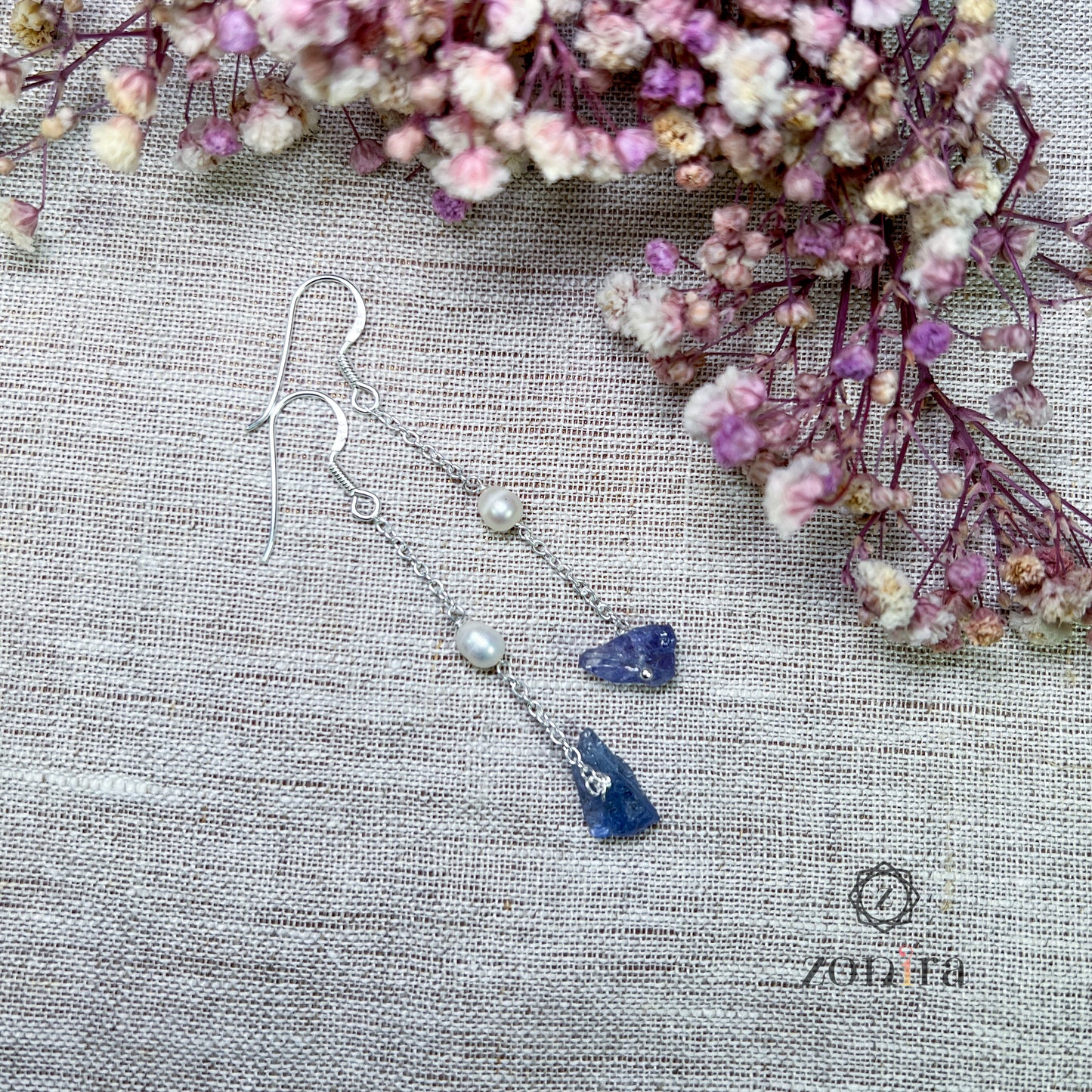 Gul Silver Danglers - Raw Tanzanite & Pearl