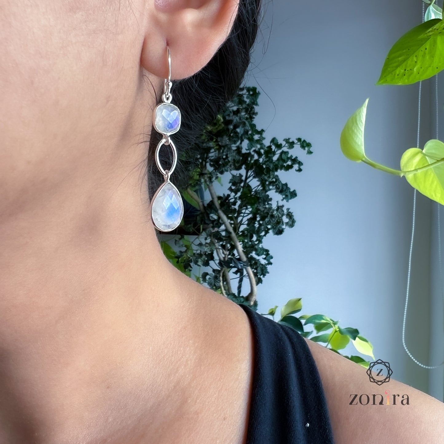 Alaya Silver Danglers - Rainbow Moonstone